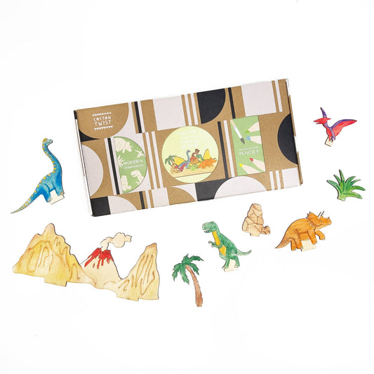This craft kit is perfect for those who love to be creative, those who love dinosaurs (who doesn't!). Inside, discover a collection of wooden pieces, each intricately designed to spark creativity, including the mighty T-Rex, a triceratops, pterodactyl and a brachiosaurus. With wooden parts of all your favourite dinosaurs, plus scenery, the watercolour pencils &amp; paintbrush included allow for detailed ; precise painting with the ability to mix colours. Once painted, simply add the wooden parts 