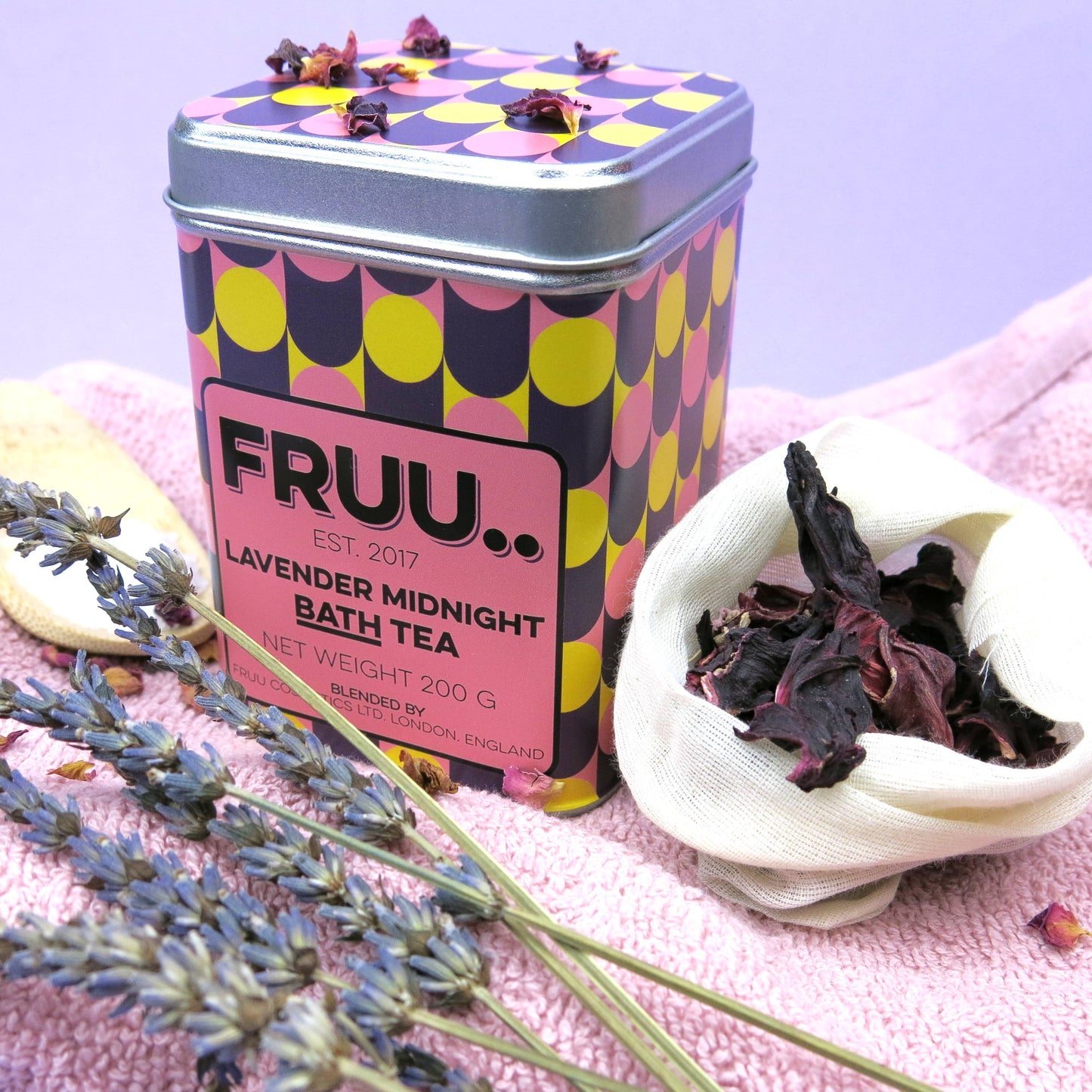 Lavender Midnight Bath Tea with botanical ingredients and muslin bag