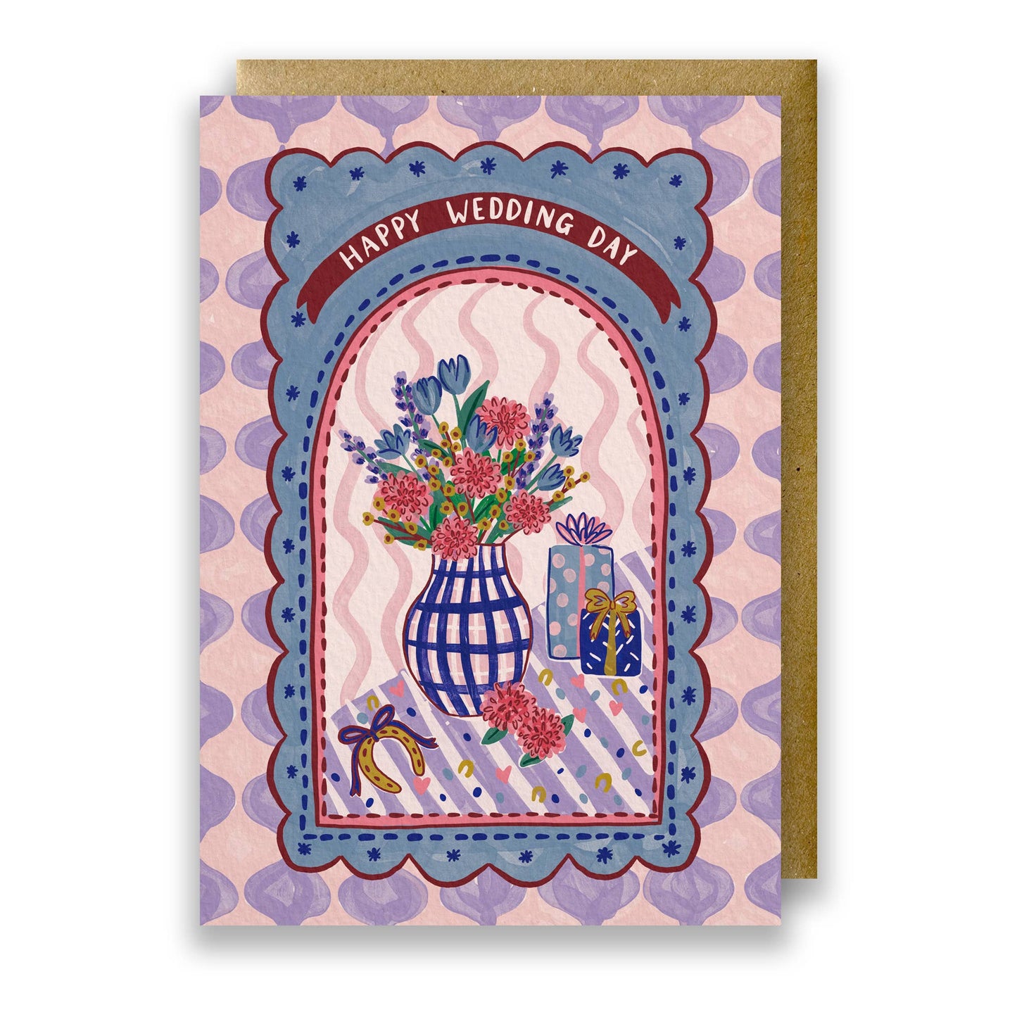 Happy Wedding Day greeting card with floral vase and gift illustration