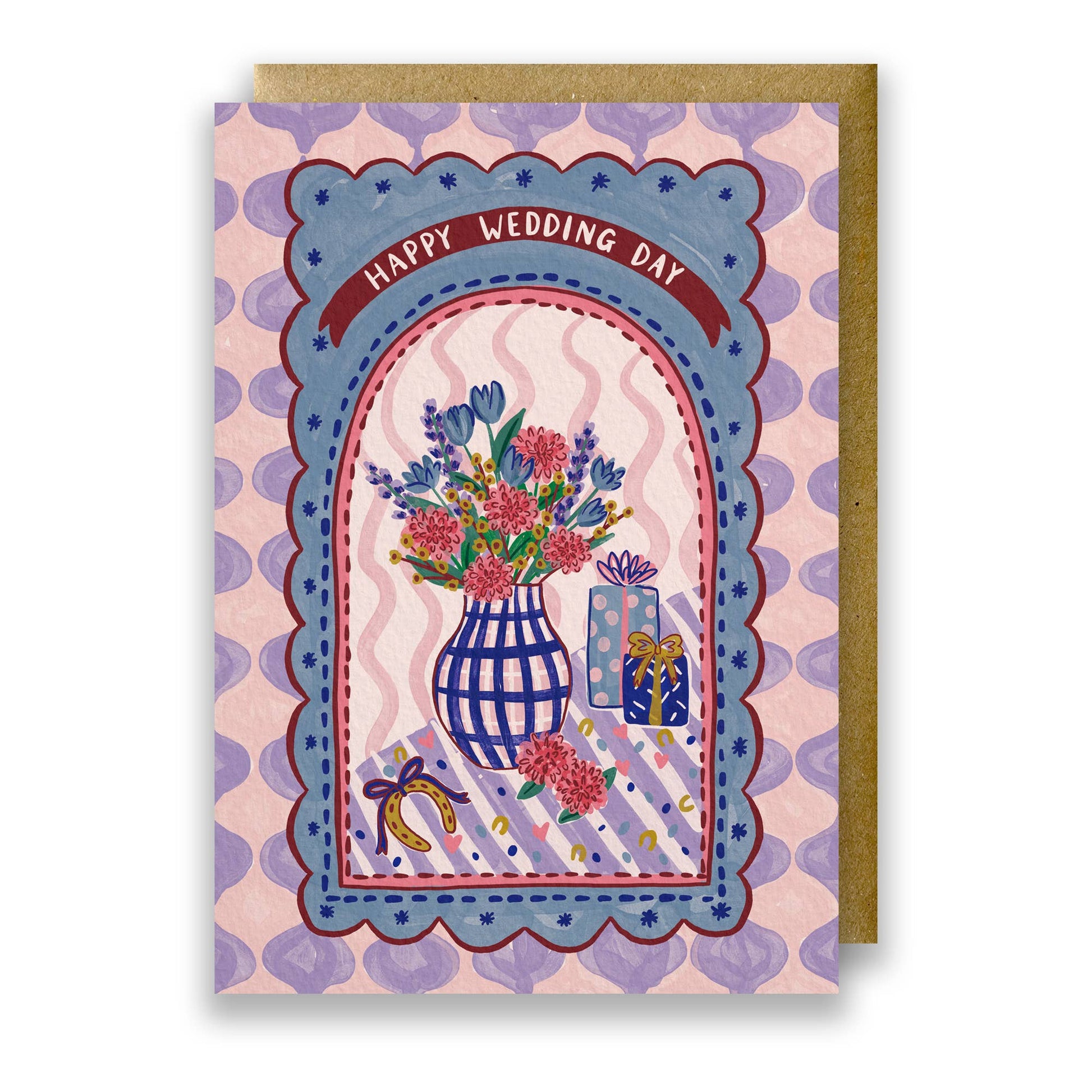 Happy Wedding Day greeting card with floral vase and gift illustration