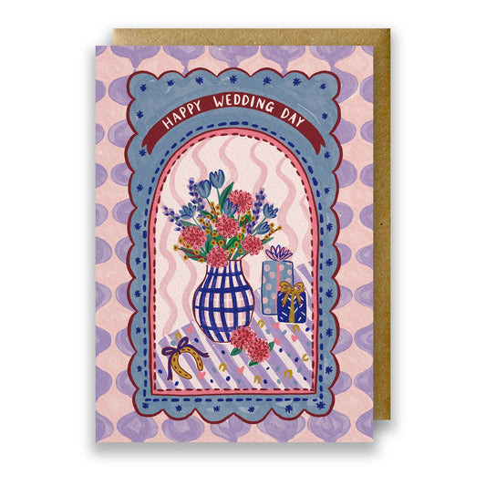 Happy Wedding Day greeting card with floral vase and gift illustration