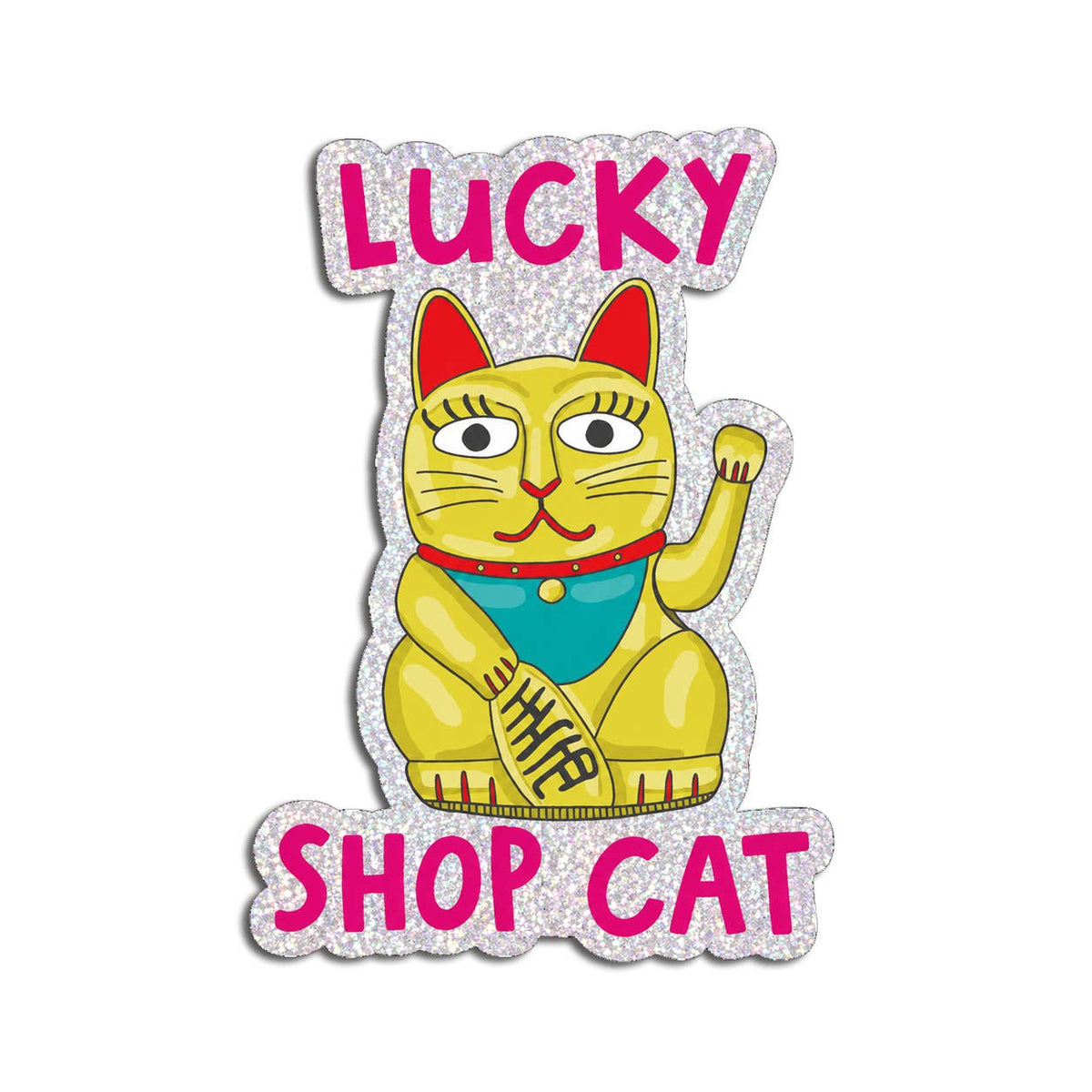 Holographic glitter sticker featuring a hand-drawn Japanese lucky shop cat