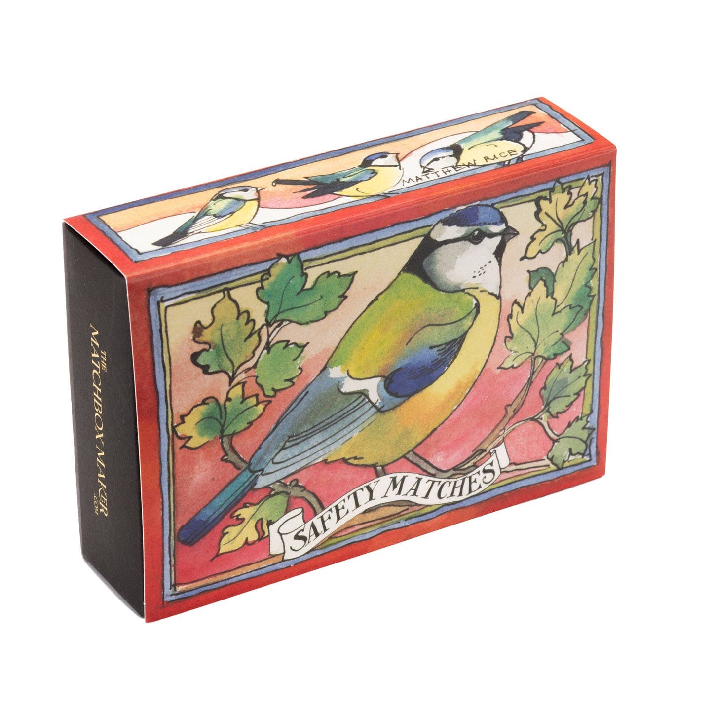 Extra long 13cm matchsticks inside Matthew Rice Blue Tits matchbox