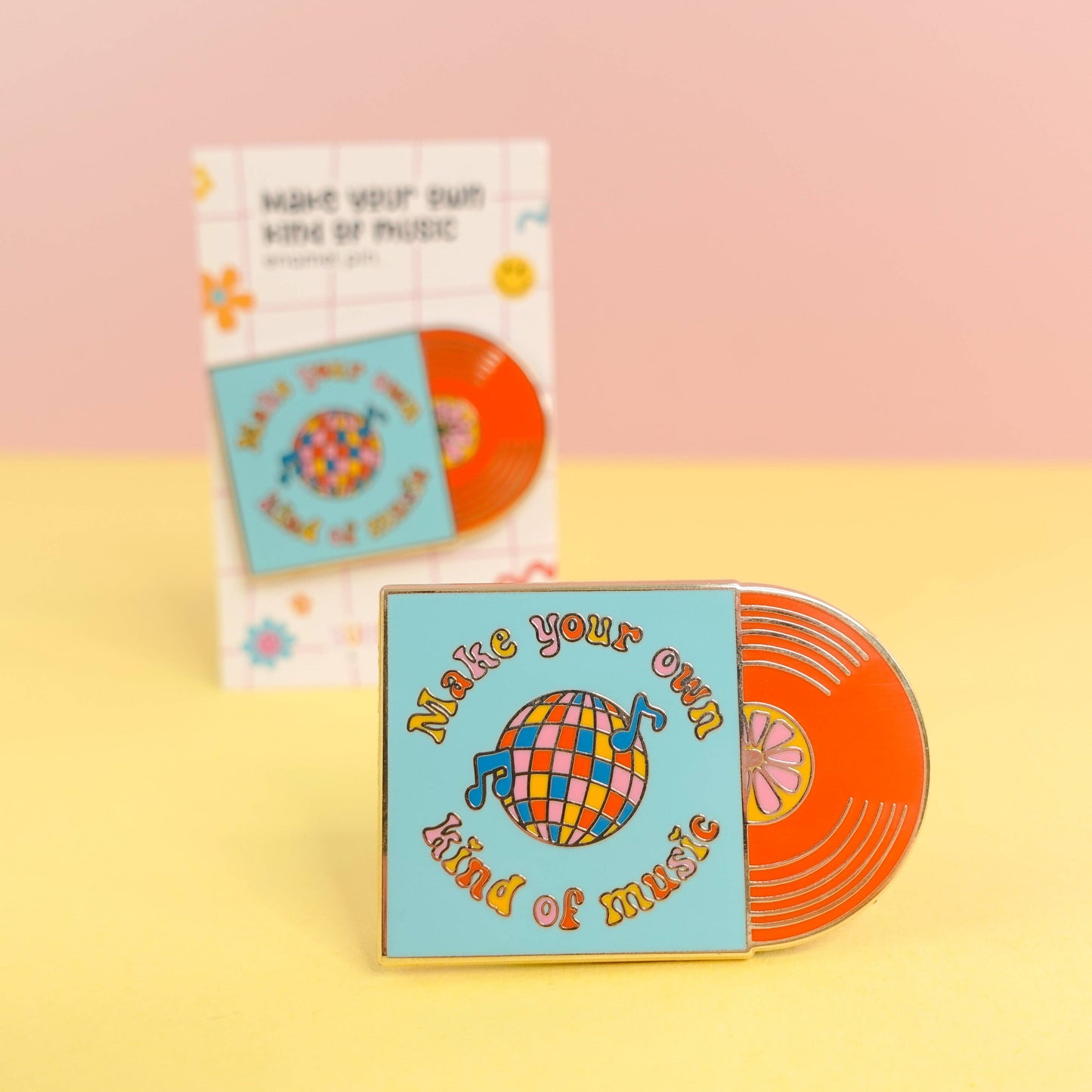 Retro vinyl record and disco ball enamel pin with ‘Make Your Own Kind of Music’ quote, gold hard enamel