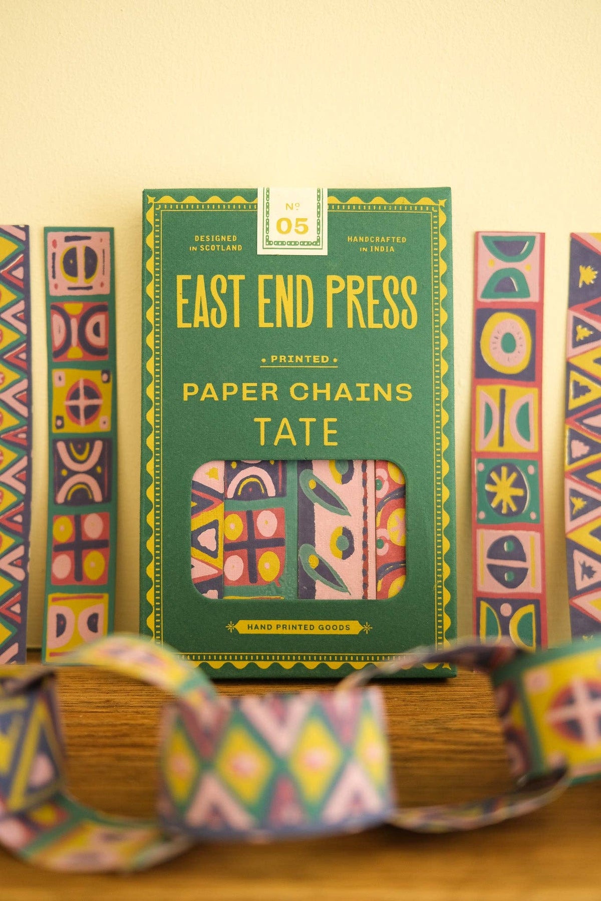 Close up of double sided patterned paper chain loops