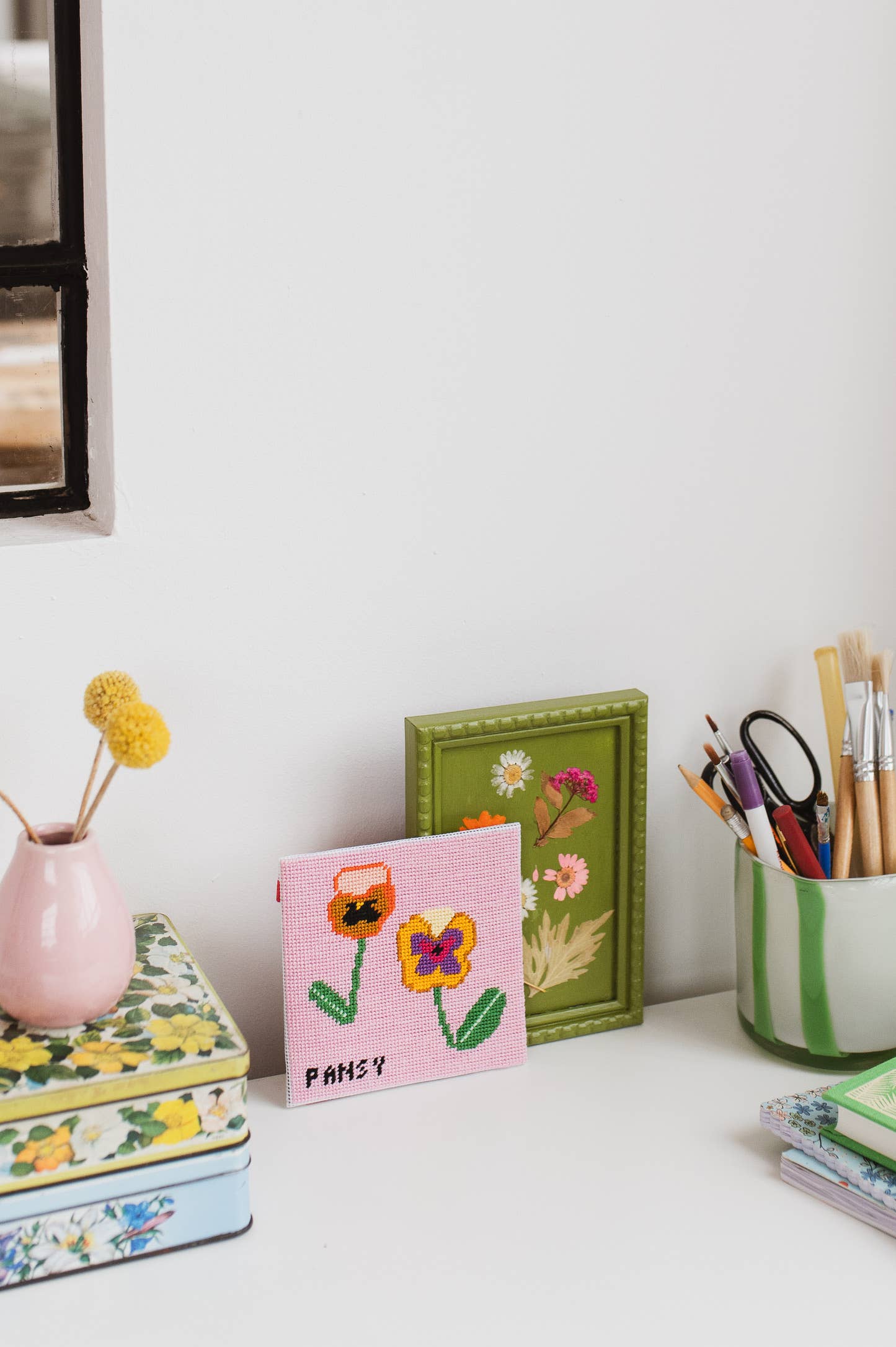 Pre-printed needlepoint canvas with colourful Perle cotton threads