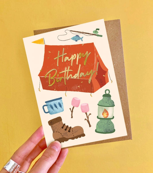 Camping Birthday Card with recycled kraft envelope, showcasing front design and A6 size.
