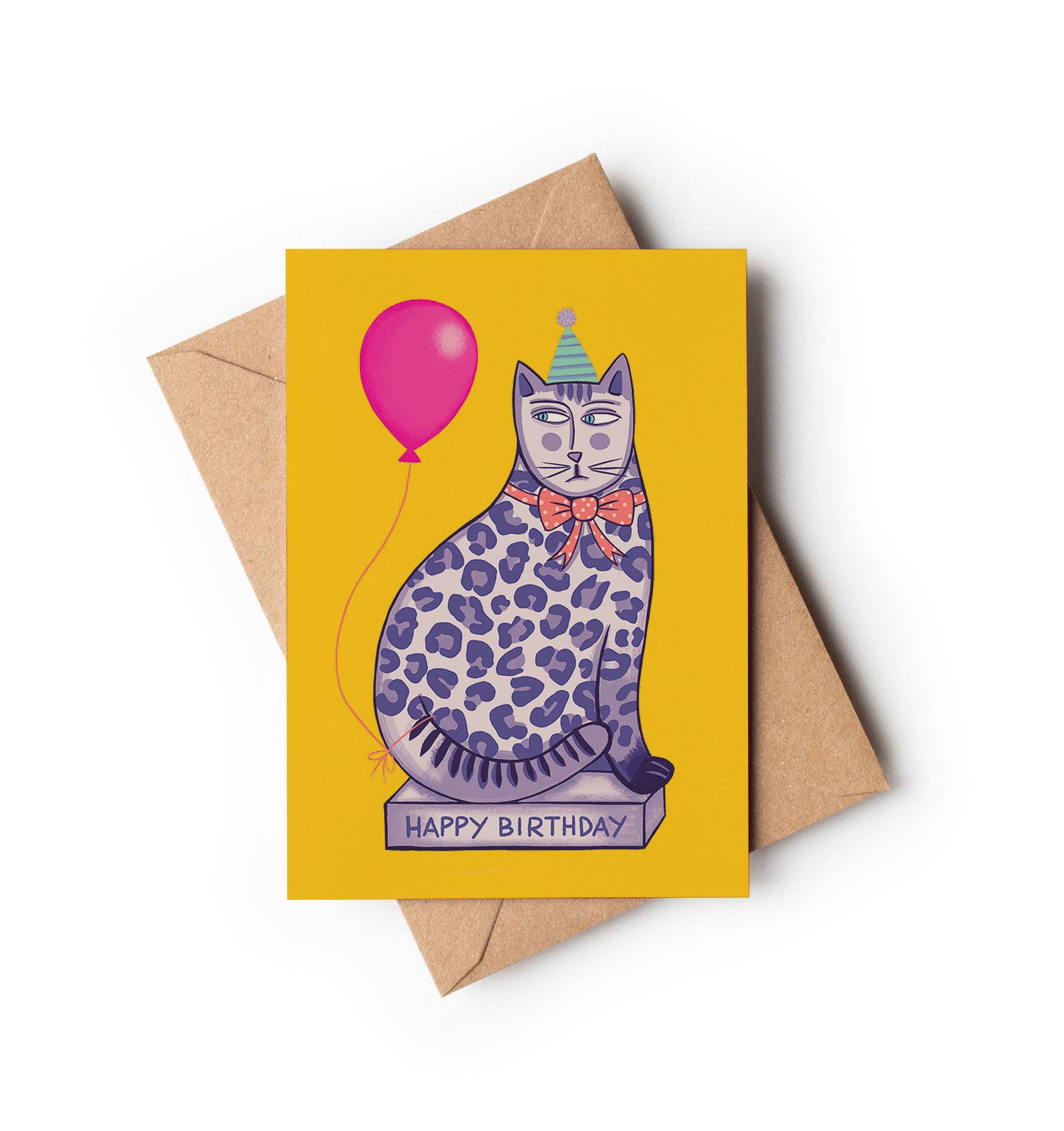 Leopard spotted cat with yellow balloon birthday card A6