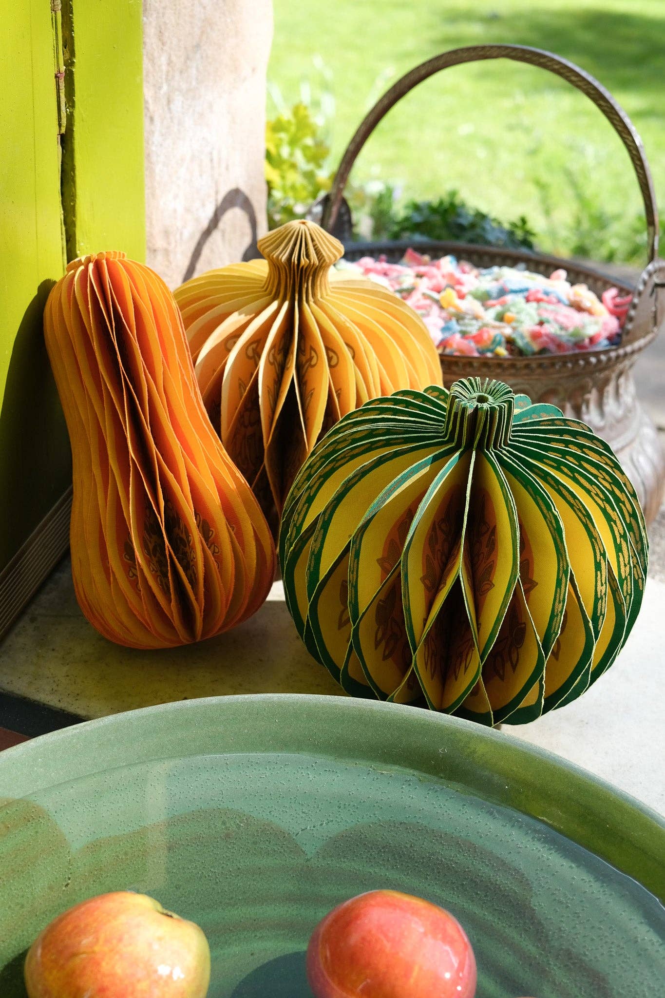 Recycled cotton paper gourd honeycomb decoration with cotton hanging loop, eco-friendly ornament.