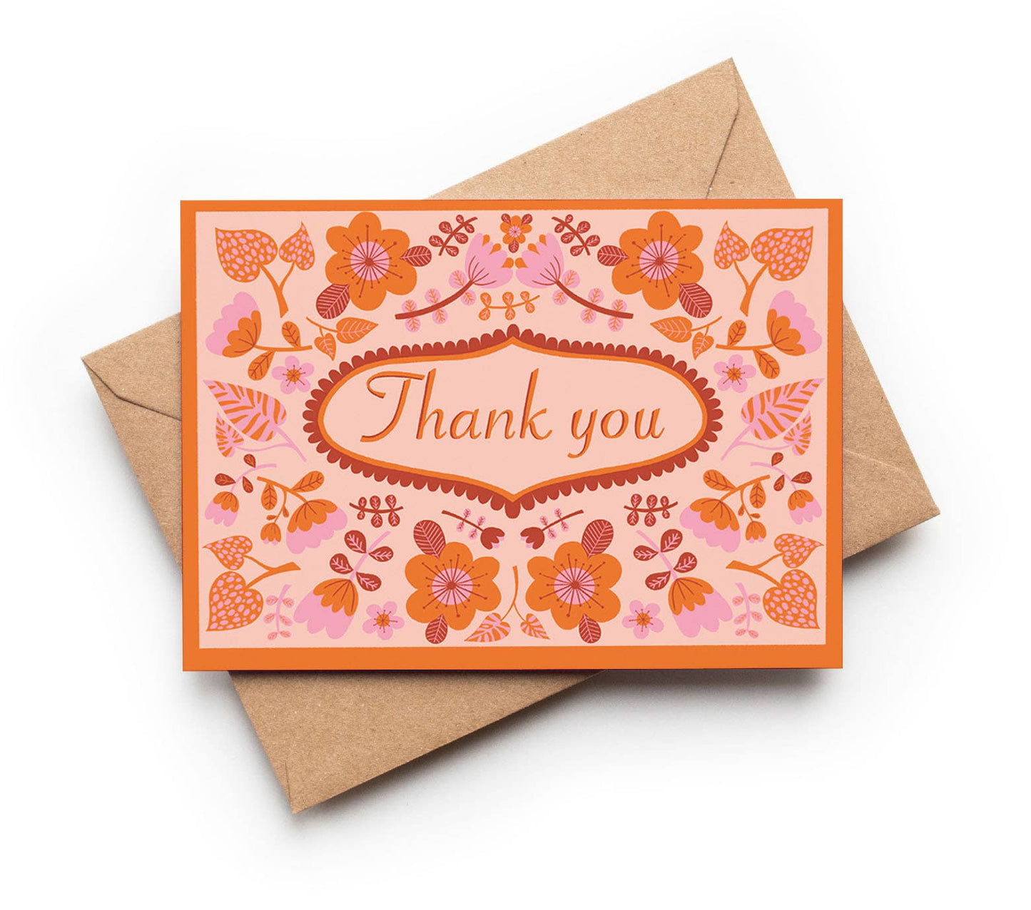 Orange and pink folk floral thank you card with kraft envelope