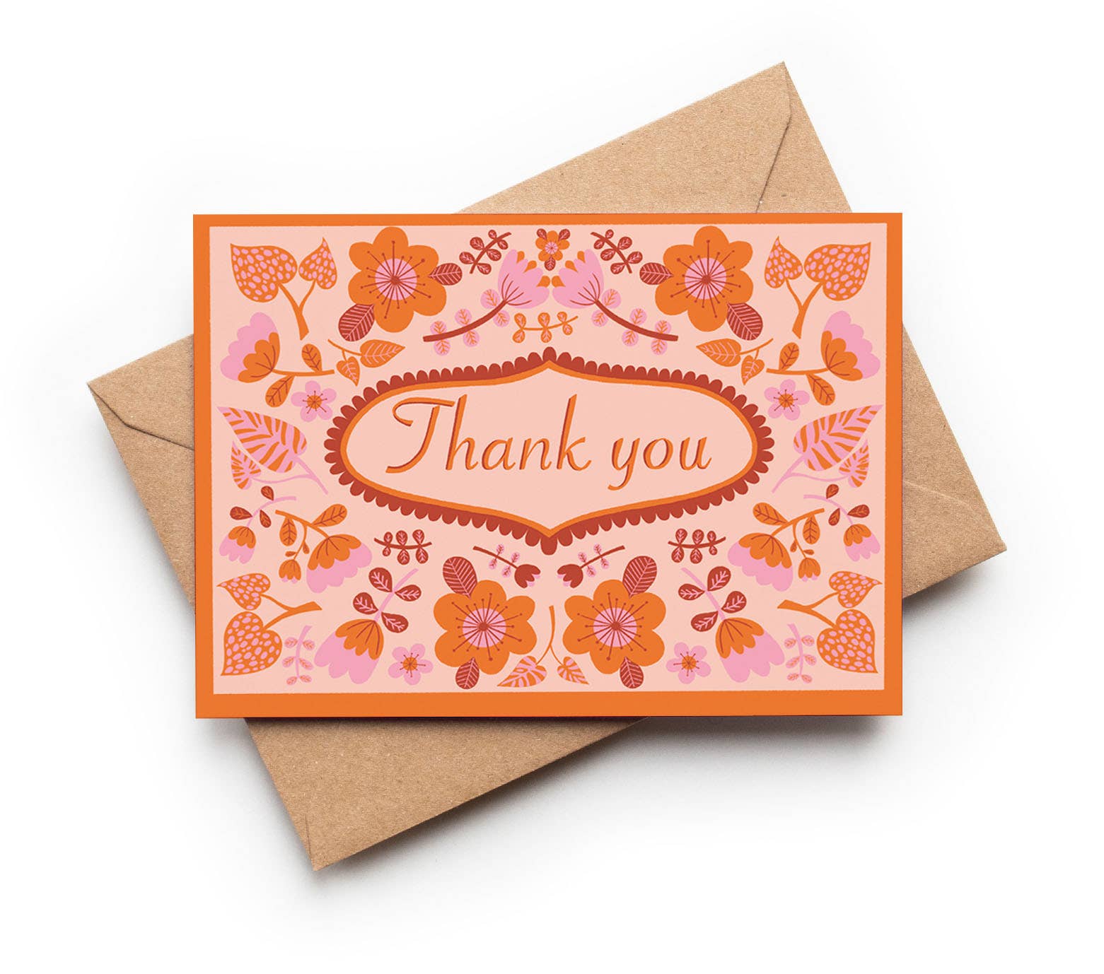 Orange and pink folk floral thank you card with kraft envelope