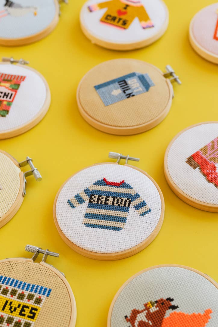 Handmade UK embroidery kit components laid out