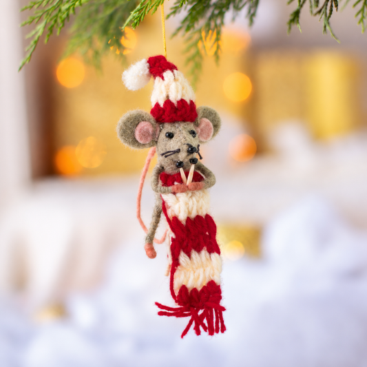 Hand felted organic wool mouse knitting with tiny needles hanging decoration