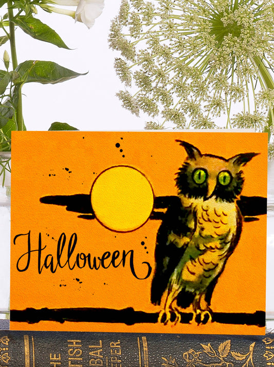 Little vintage Halloween card featuring a vintage-style owl illustration, mini size (9 x 12 cm), with a sustainably sourced ivory envelope. Designed in England