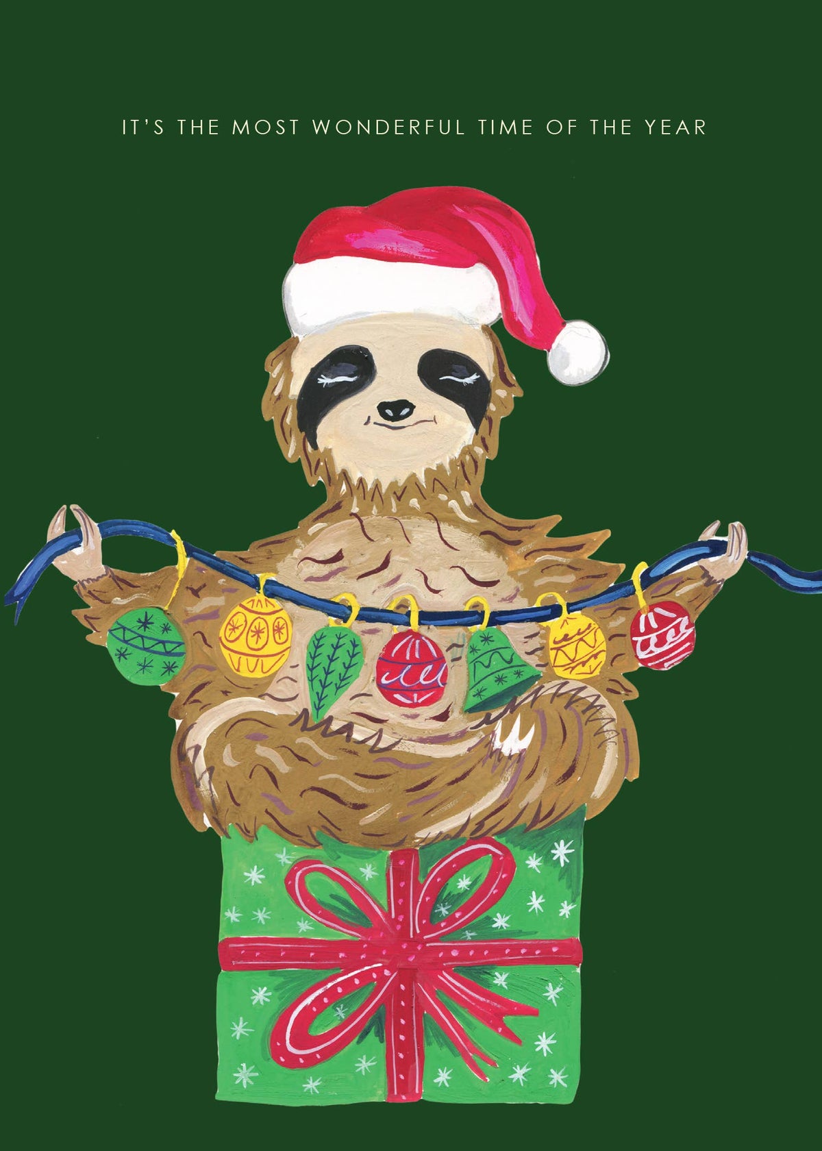 Eco-friendly sloth holiday card with red envelope