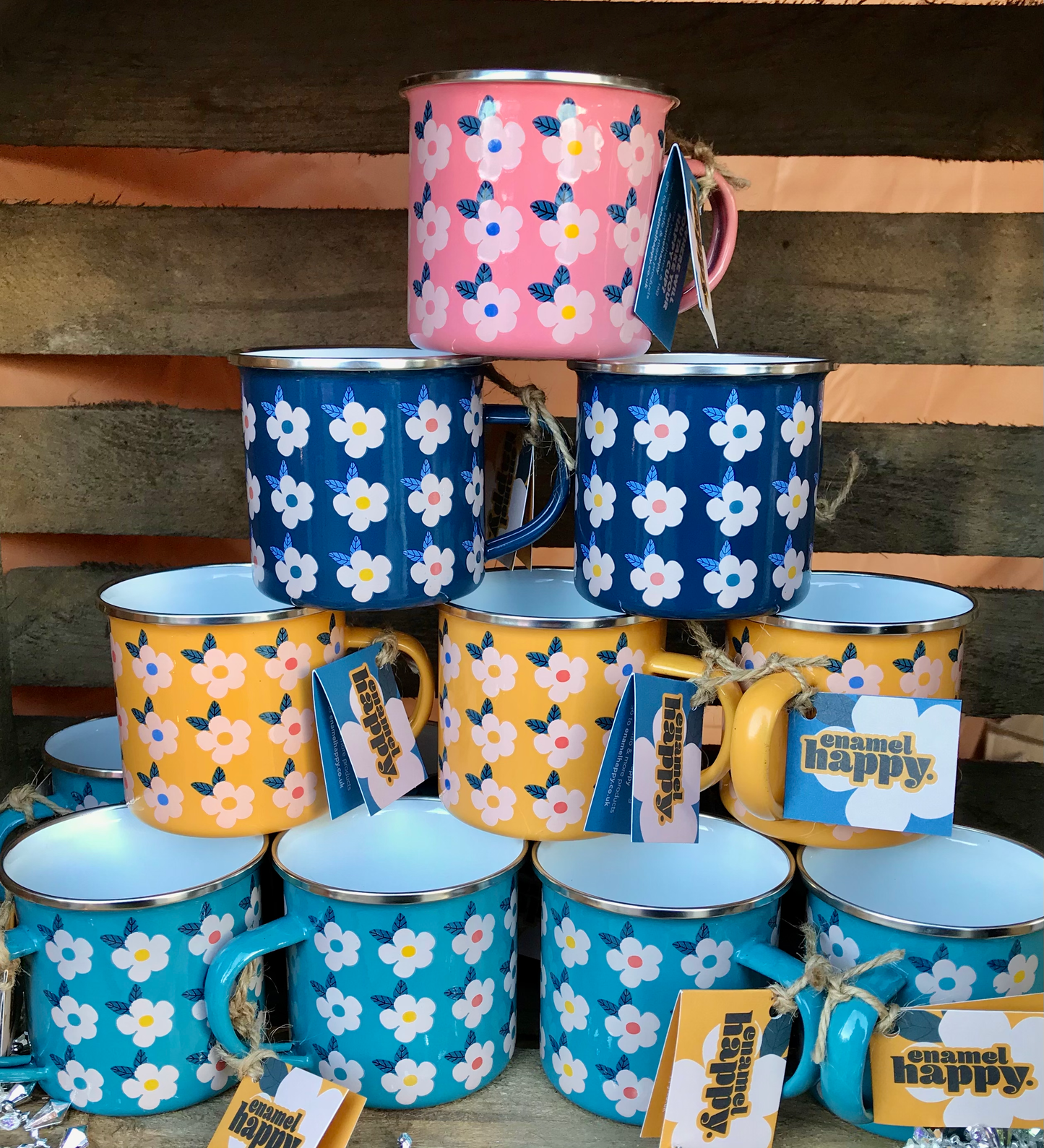 Handmade style pink floral enamel mug