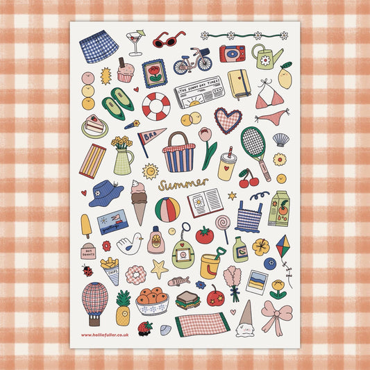 A5 Summer Sticker Sheet featuring over 50 colourful waterproof vinyl stickers