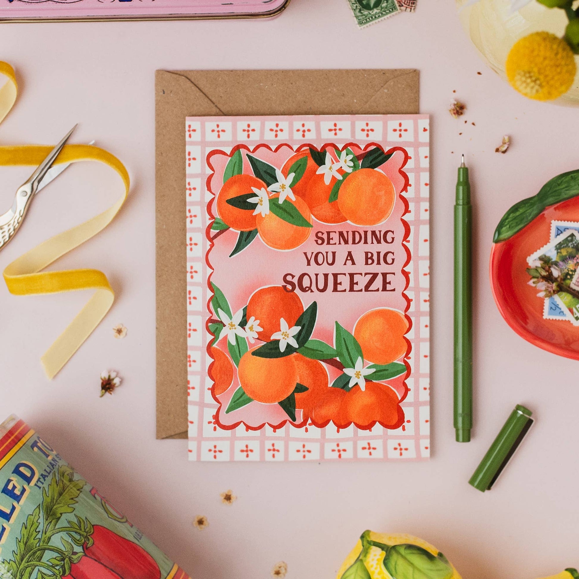 Opened 'Big Squeeze' orange greeting card, blank inside for your message