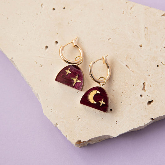 Merlot Red Marble Mini Moon Arc Hoop Earrings, handcrafted from sustainably sourced wood and acrylic with gold plated brass hoops.