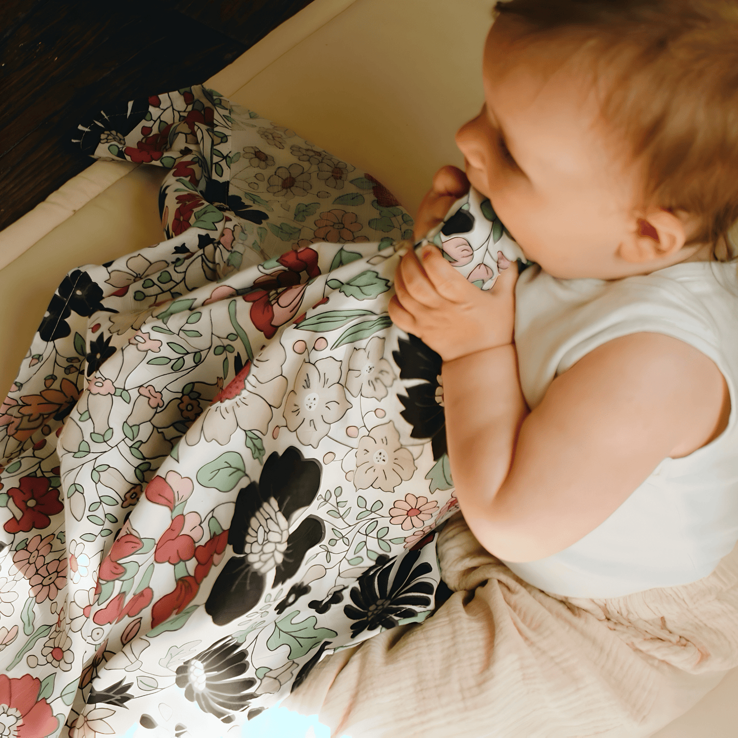 Wharfedale Meadow Liberty print showing colourful wildflowers designed for baby visual development from 5 months