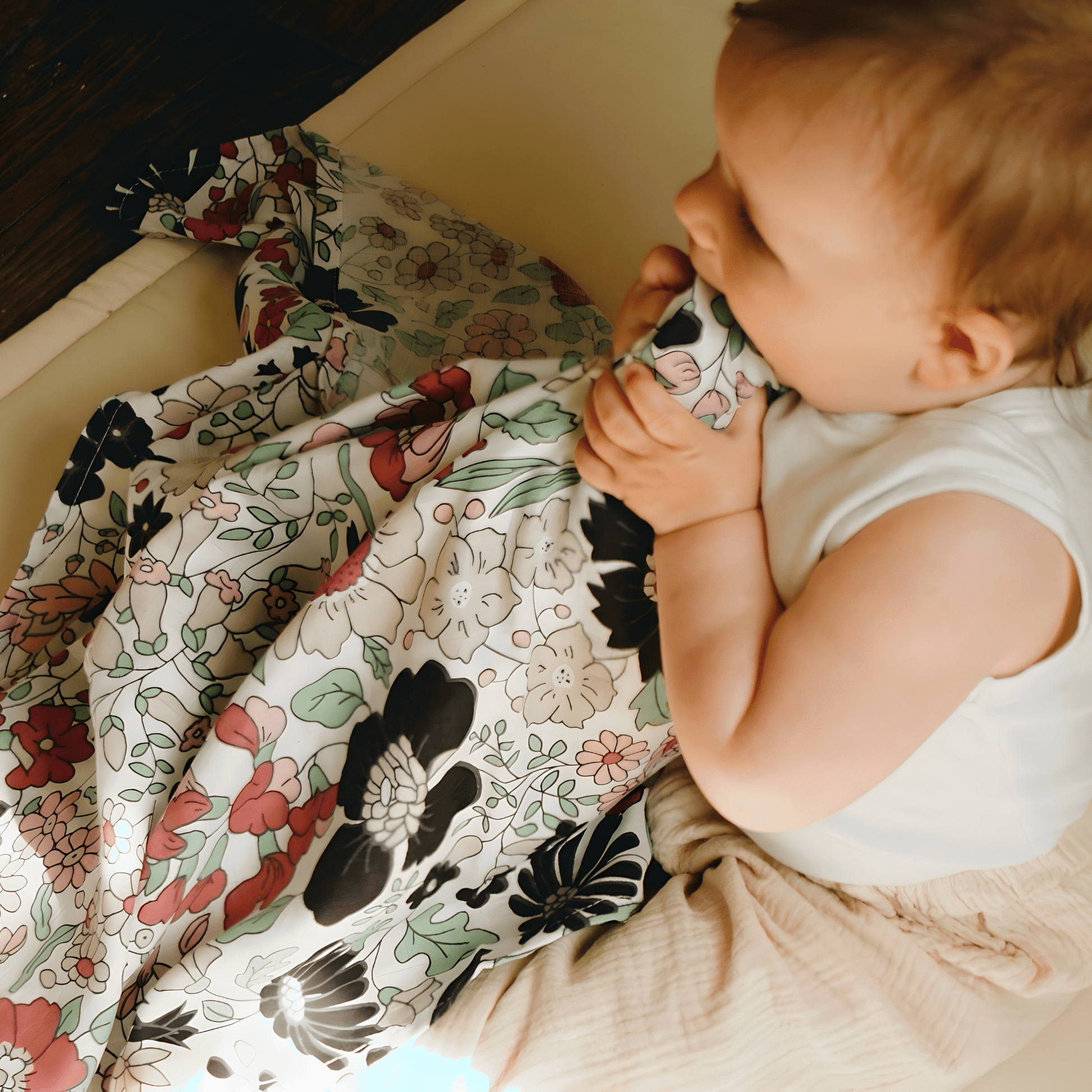 Wharfedale Meadow Liberty print showing colourful wildflowers designed for baby visual development from 5 months