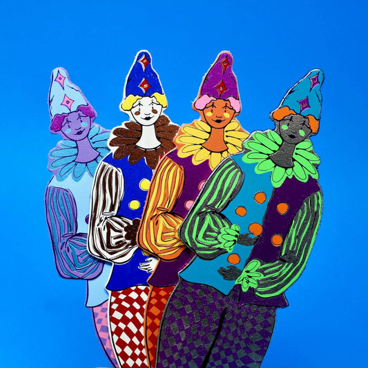 Handcrafted leather clown bookmark in Cambridge studio