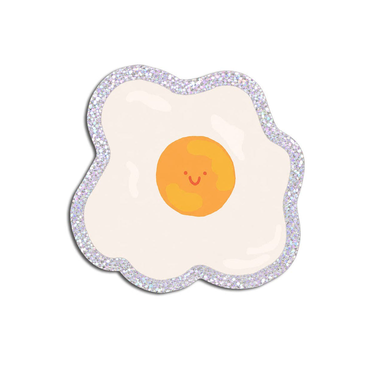 Playful hand-drawn smiling fried egg holographic glitter die-cut vinyl sticker