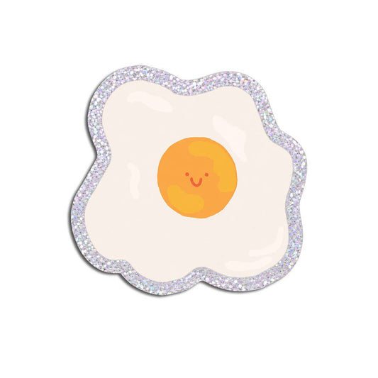Playful hand-drawn smiling fried egg holographic glitter die-cut vinyl sticker