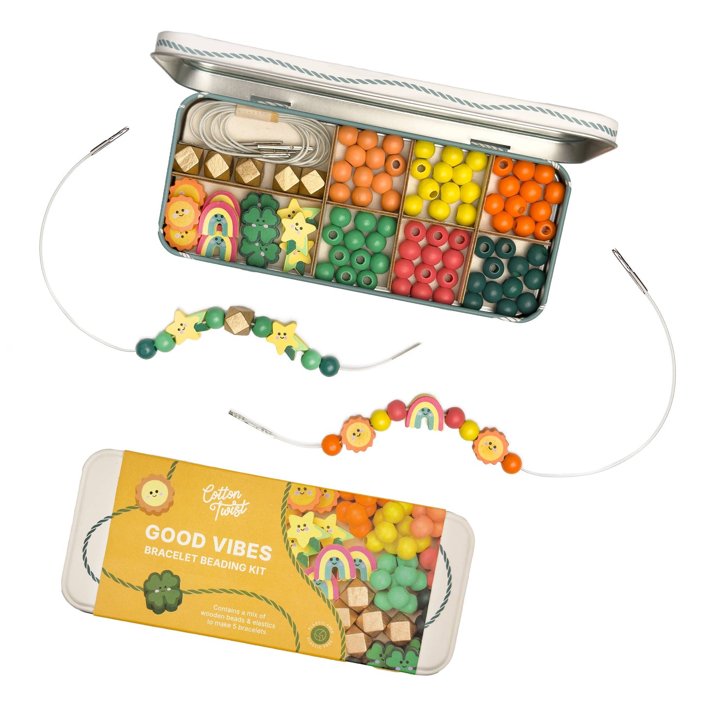 Good Vibes Wooden Bracelet Beading Kit in a reusable storage tin