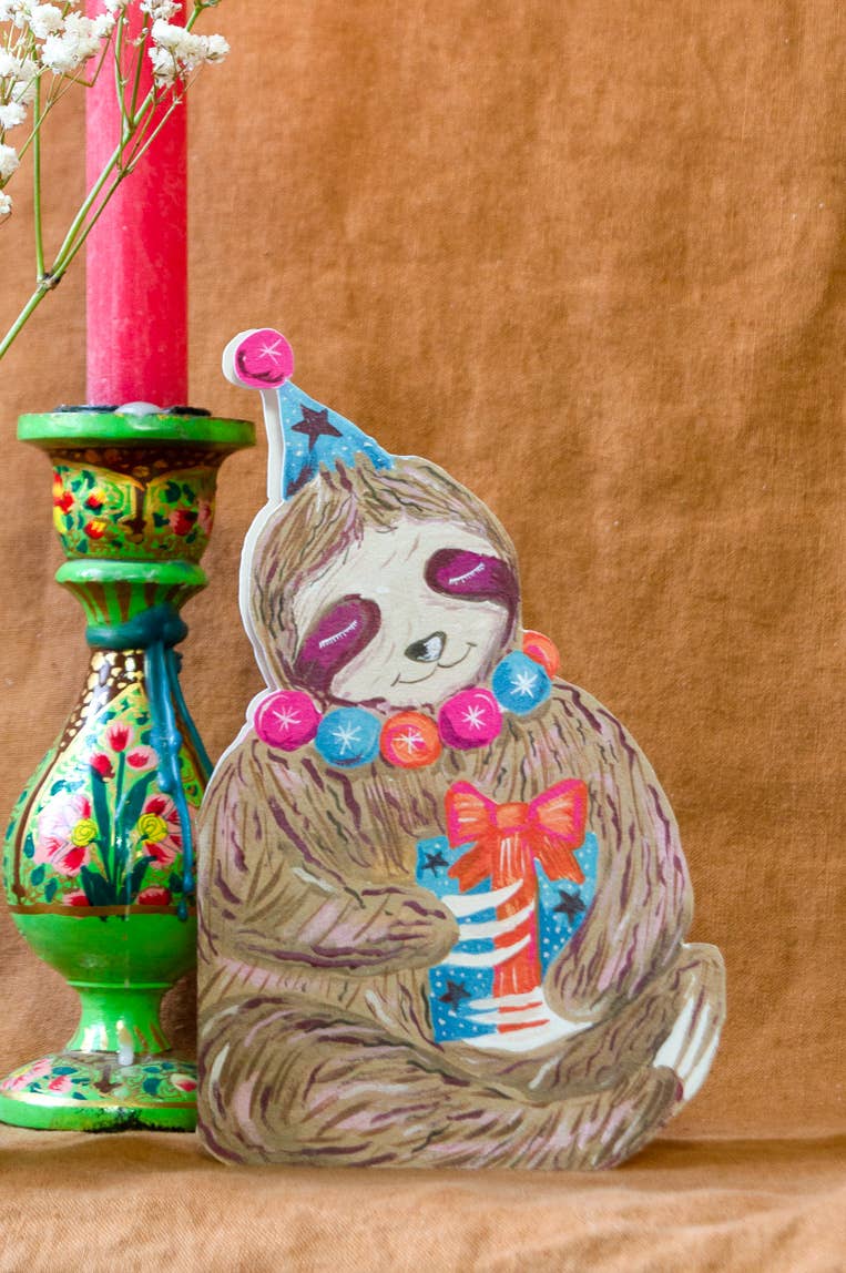 Whimsical Party Sloth Die-Cut Greetings Card by Hutch Cassidy