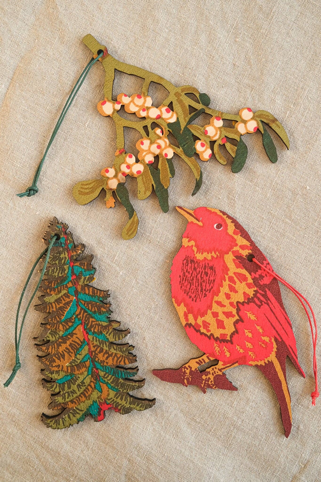 Hand-printed robin wooden hanging ornament,  certified plywood, sustainable Christmas decoration