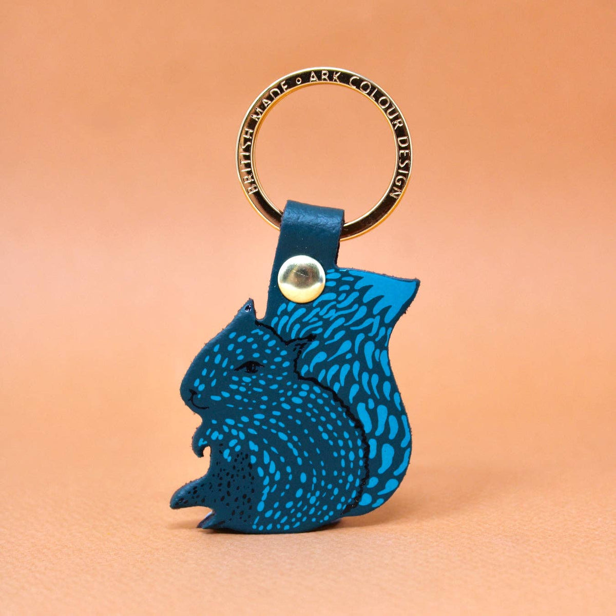 Autumnal squirrel motif leather keyring crafted in Cambridge