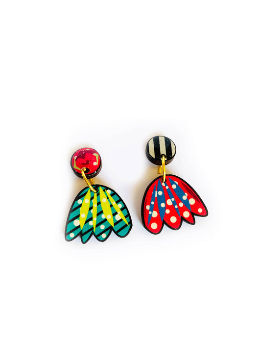 Mismatched petal-shaped laser-cut wood statement earrings (4×3 cm) with colourful resin finish, hypoallergenic, presented in a pearlescent gift box.