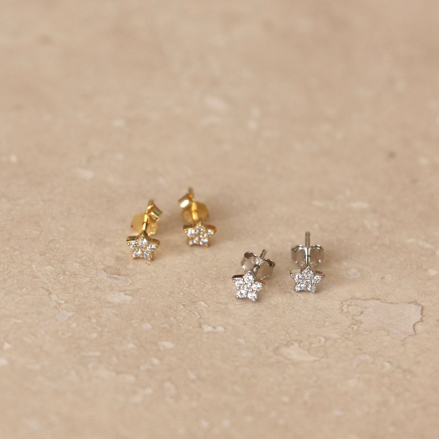 Little Nell mini star stud earrings, gold vermeil and sterling silver, 3mm, hypoallergenic.