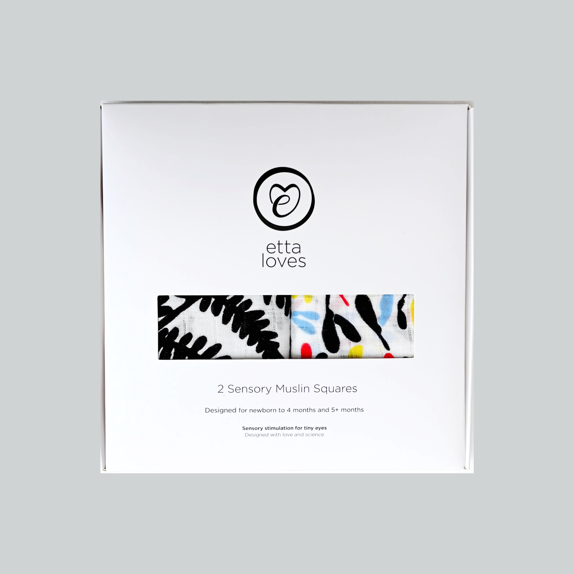 Etta Loves Plant Print sensory muslin 2-pack with Fern and Sycamore organic cotton designs.