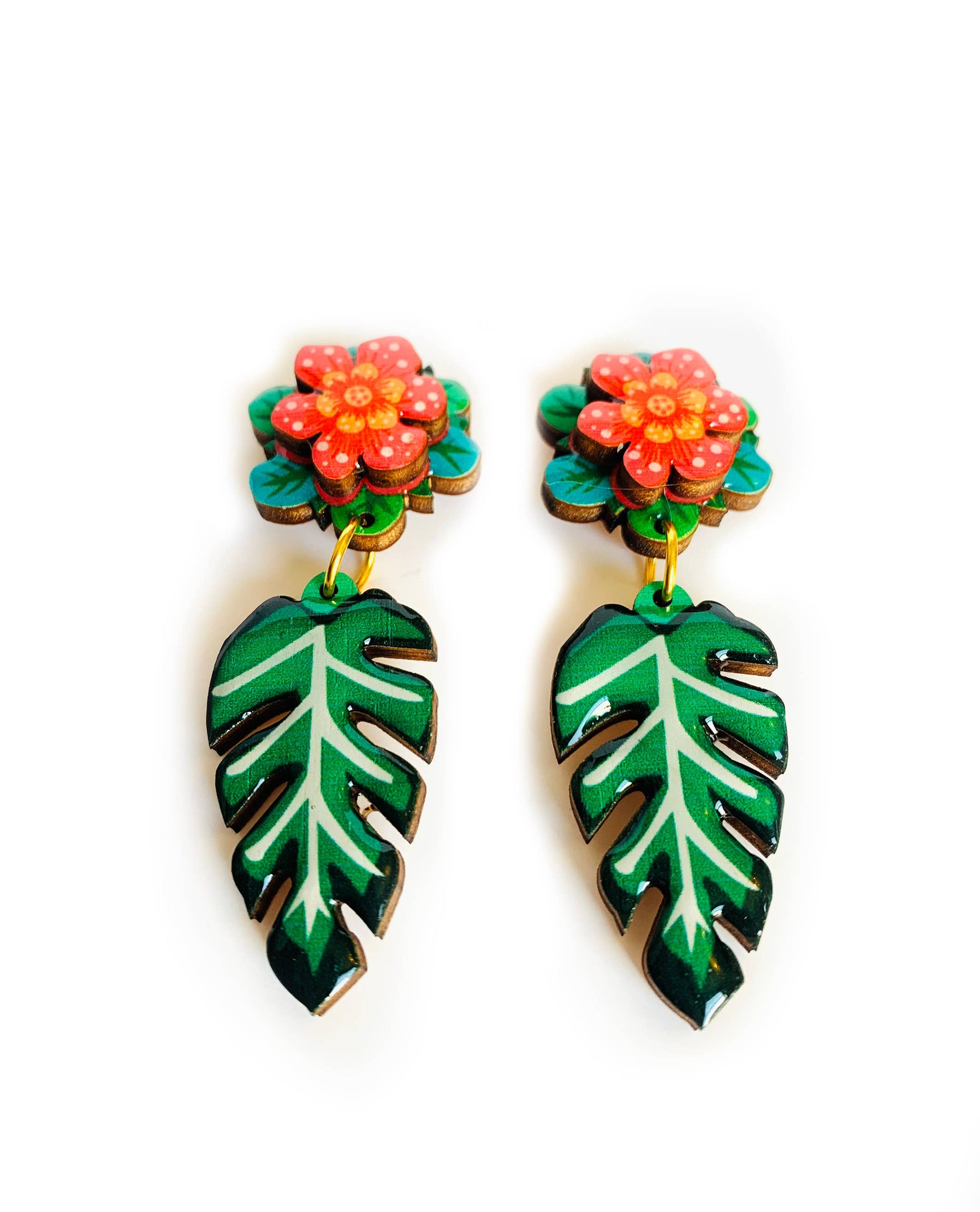 Tropical  3D red flower and drop leaf earrings.