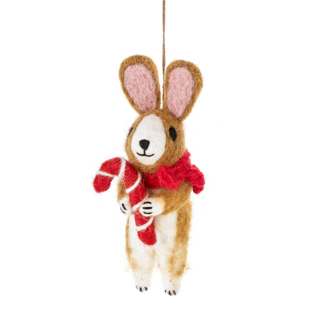 Handmade felt Cinnamon Rabbit Christmas decoration with red scarf & candy cane.