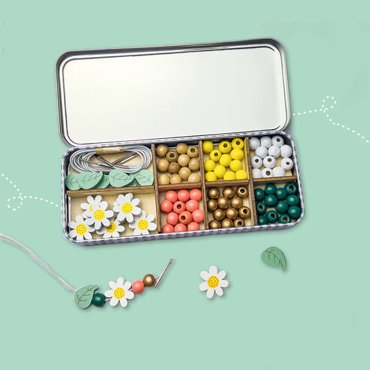 Daisy Wooden Bracelet Bead Kit in a reusable gift tin