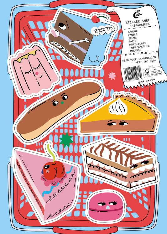 Eat the Moon The Patisserie A5 Sticker Sheet with illustrated bakery treats