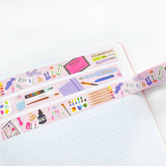 Art Supplies Washi Tape, made in the UK. Pink tape featuring lovely illustrations of painting materials, and stationery. All in bright colours.