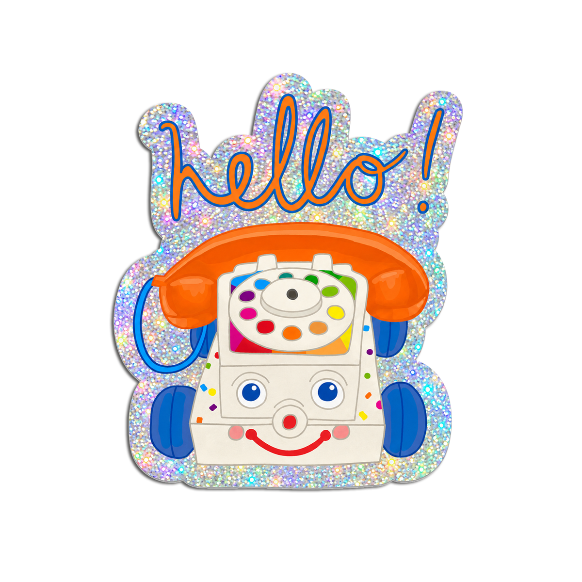 Retro toy phone holographic glitter die-cut sticker with 'Hello' text