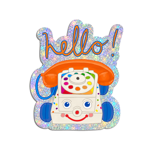 Retro toy phone holographic glitter die-cut sticker with 'Hello' text