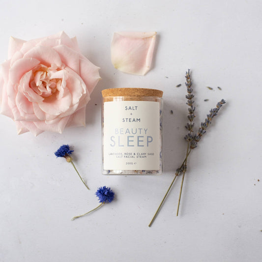 Plant-based floral steam with lavender, rose, clary sage in plastic-free packaging