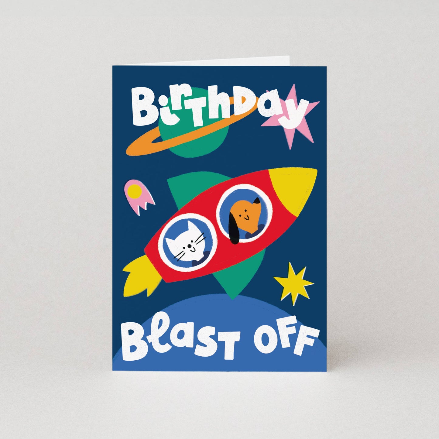 Blast Off Space Birthday Card with Dog and Cat Astronauts