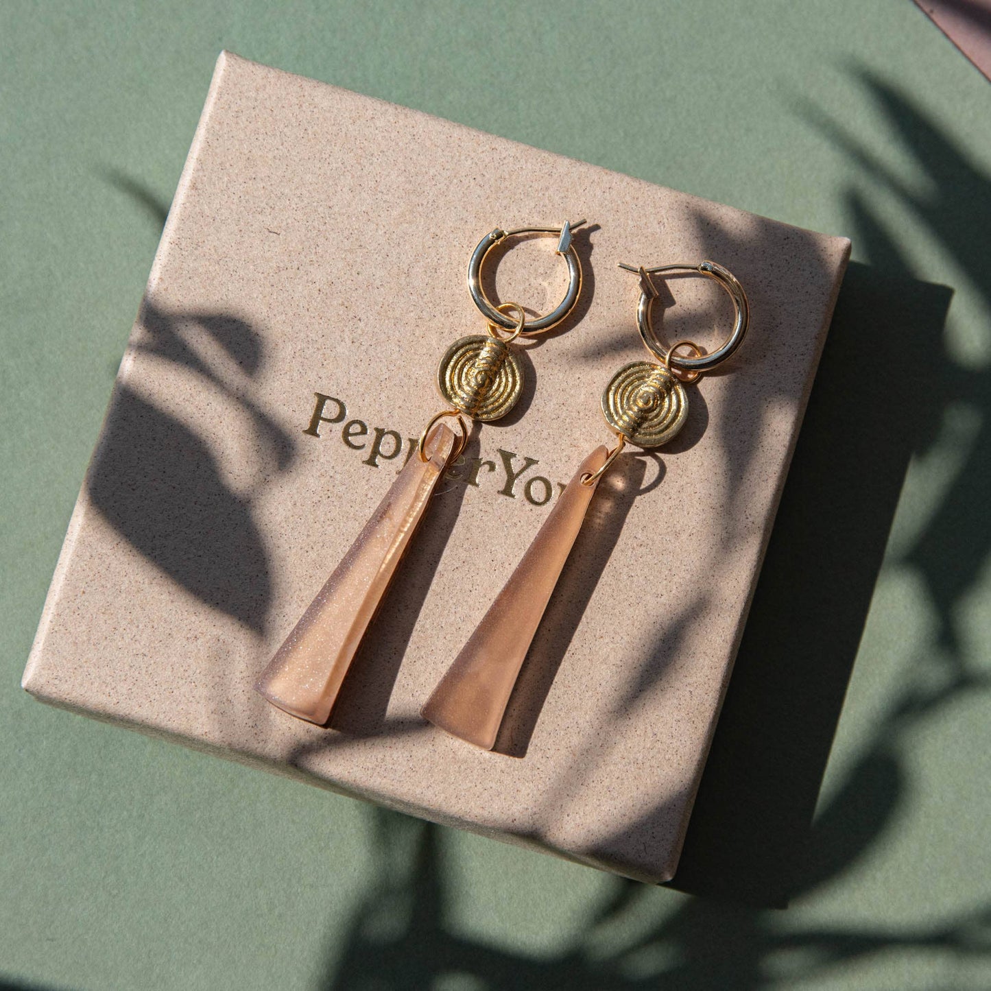 Power Drop Hoop Earrings by Pepper You – Handmade statement earrings in wood, acrylic & recycled brass, colourful sustainable jewellery gift in eco box.