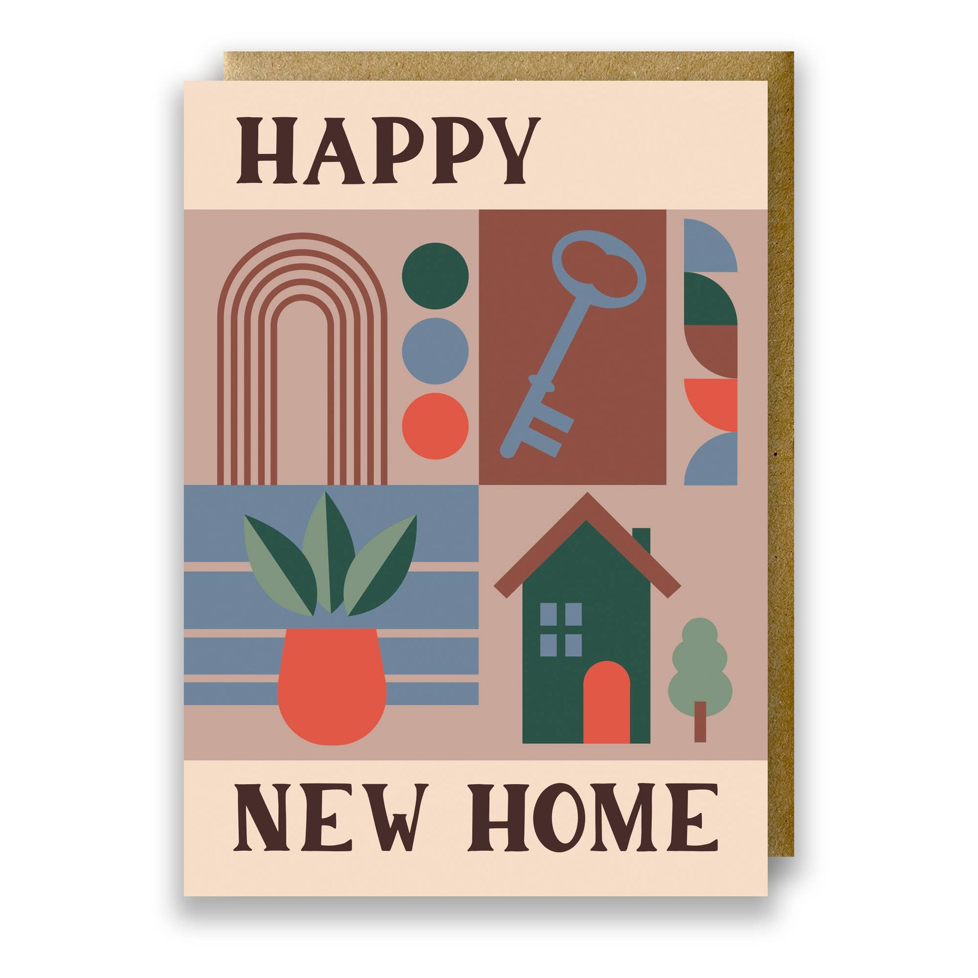 Bauhaus style Happy New Home greeting card with hand drawn lettering