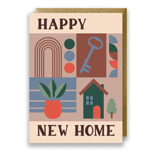 Bauhaus style Happy New Home greeting card with hand drawn lettering
