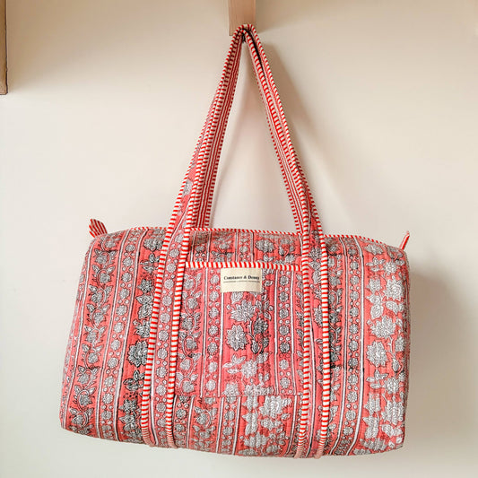 Block printed cotton duffle weekend bag with quilted pattern