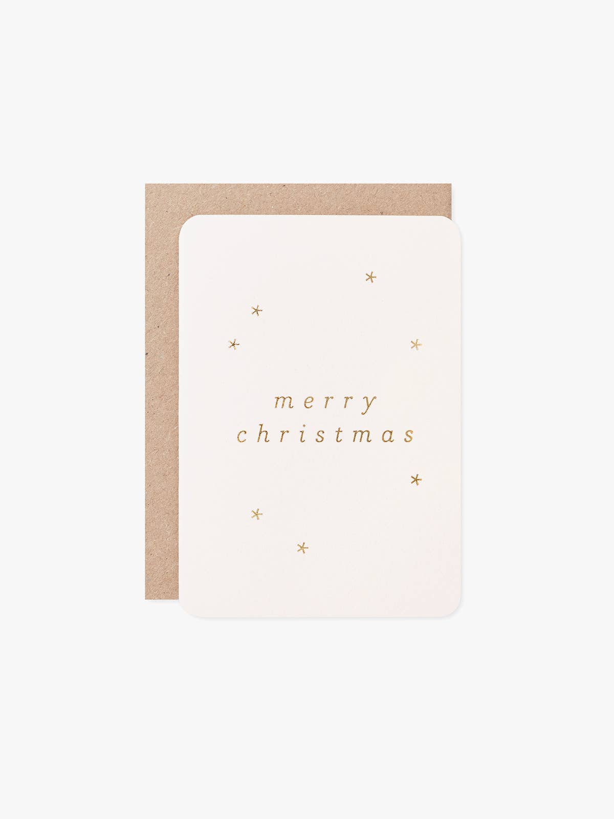 Mini Merry Christmas Card with gold hot foil stars and ‘Merry Christmas’ on recycled coffee cup card, paired with a recycled kraft envelope.