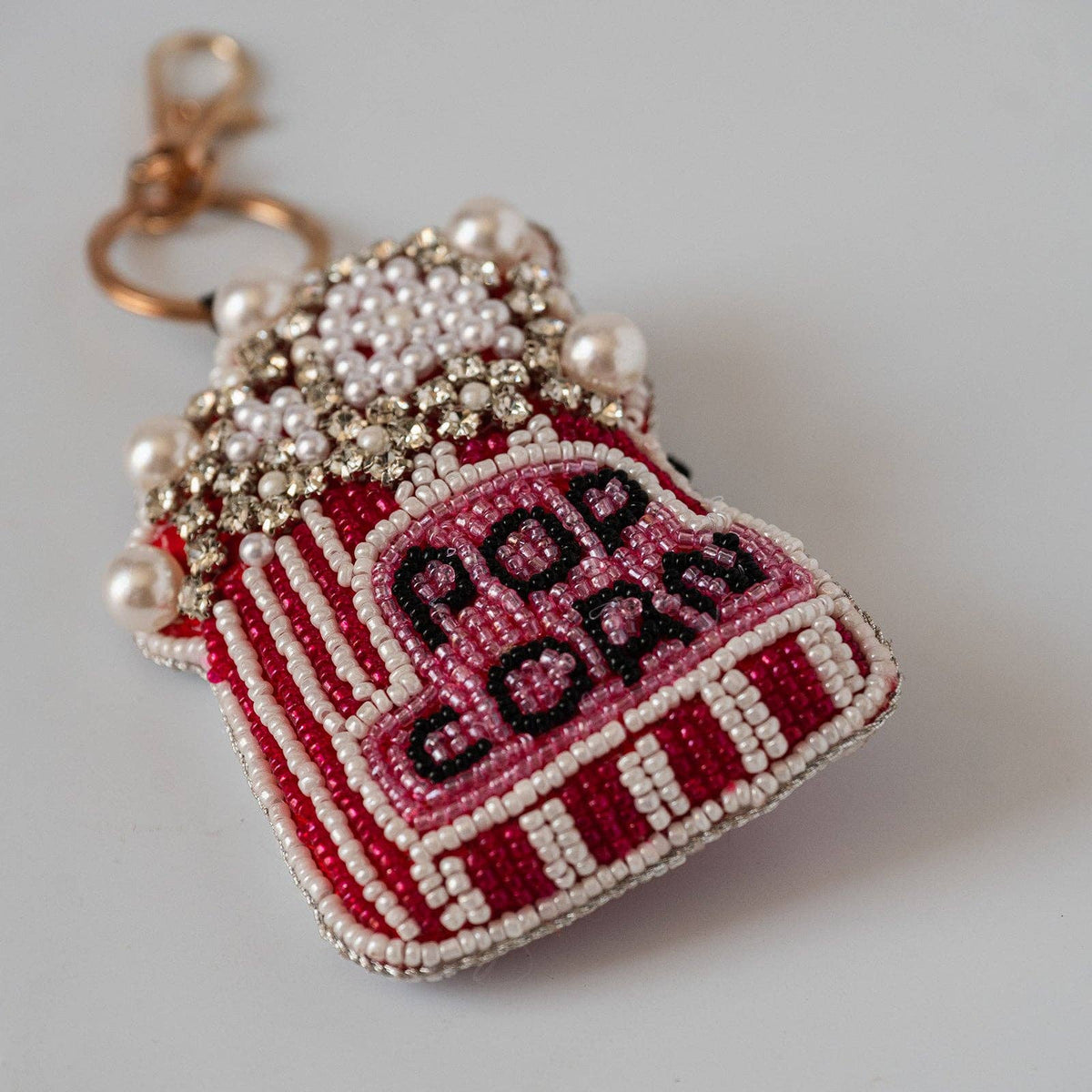 Hand-beaded popcorn design keyring with brass clip